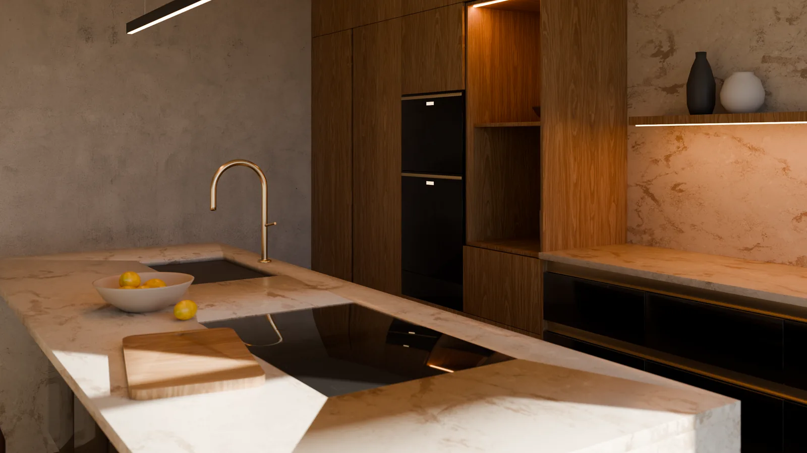 Cucina moderna vista mare: isola laccata nero lucido con piano in ceramica Calacatta Oro, colonne in rovere, sole del pomeriggio