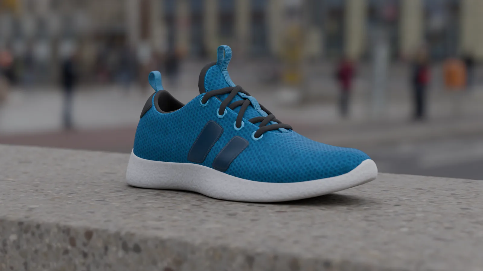 Scarpa da corsa azzurra su una panchina di cemento in città, calcolata con Blender Cycles