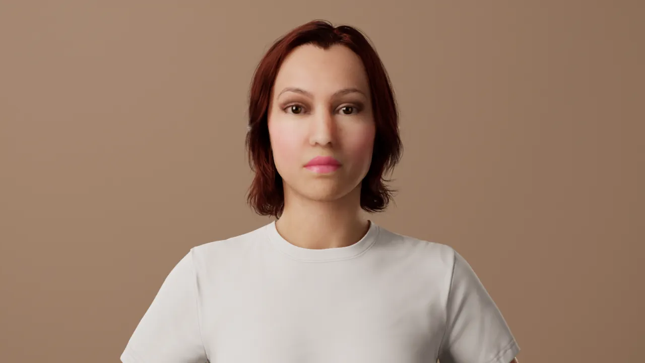 Modella digitale con scalato lungo castano in studio fotografico, calcolata con Unreal Engine
