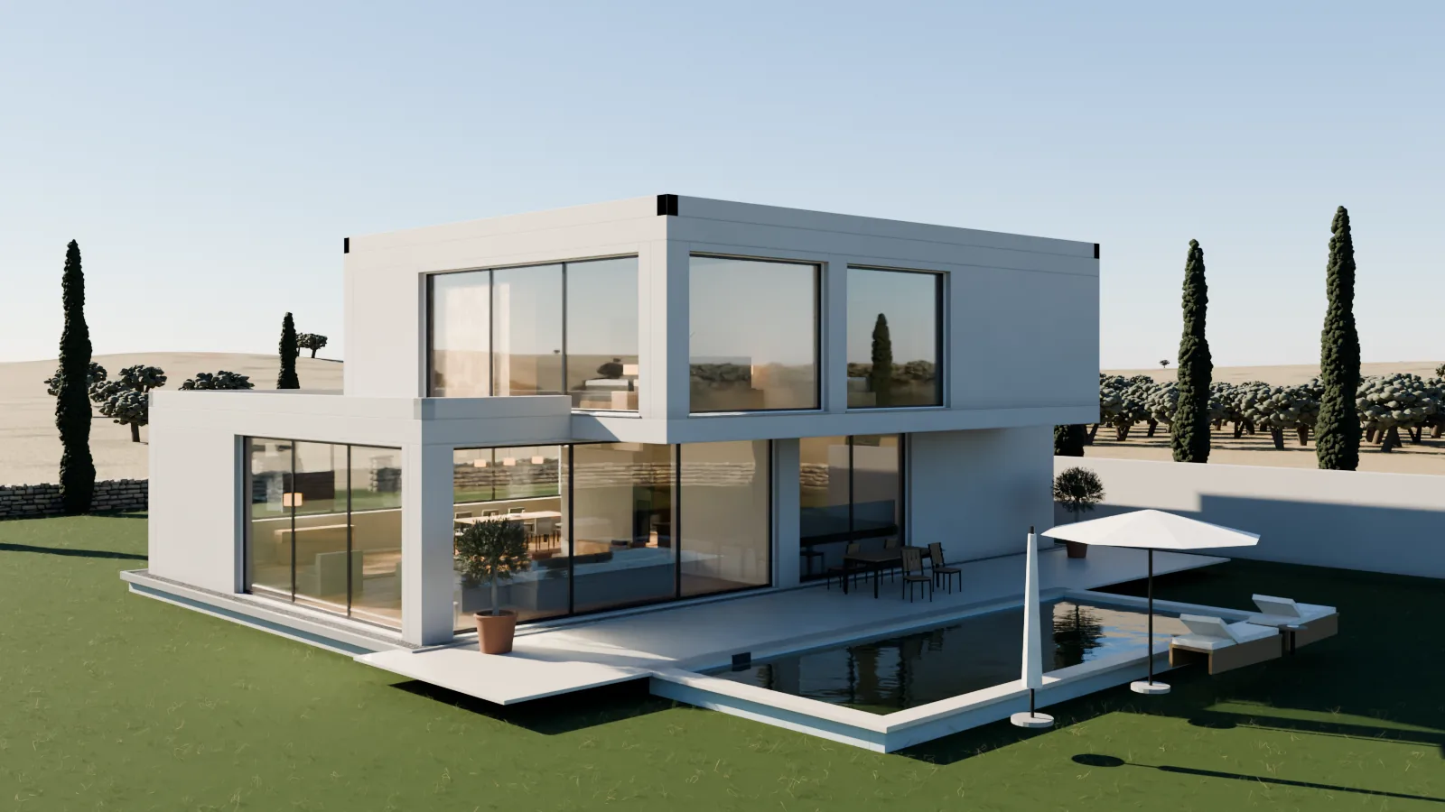Villa con piscina nel paesaggio siciliano, calcolata con Blender Cycles